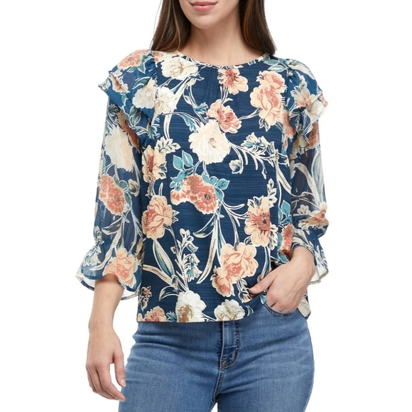 {Cupio} Womens Floral Ruffled Sleeves Blouse - Size Medium - Picture 1 of 13
